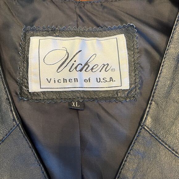 Vintage Vichen USA Black Leather Motorcycle Biker Vest Men's Size XL - Picture 2 of 6